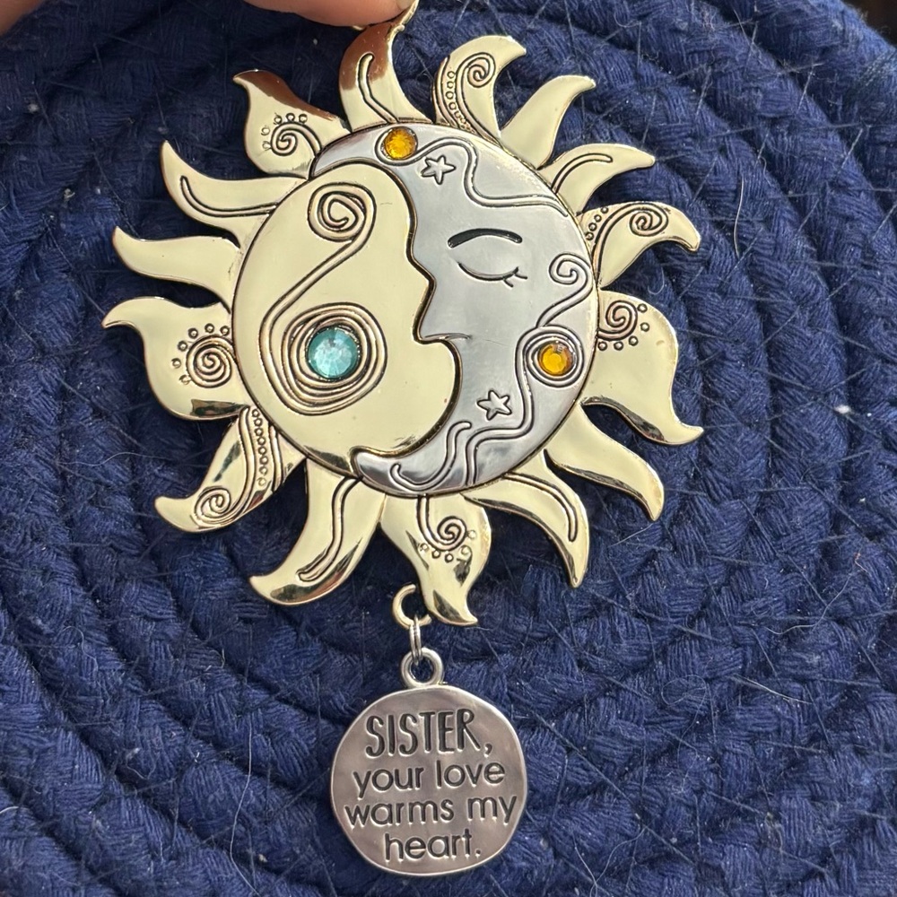 Metal Sun and Moon Pendant with Sister Inscription